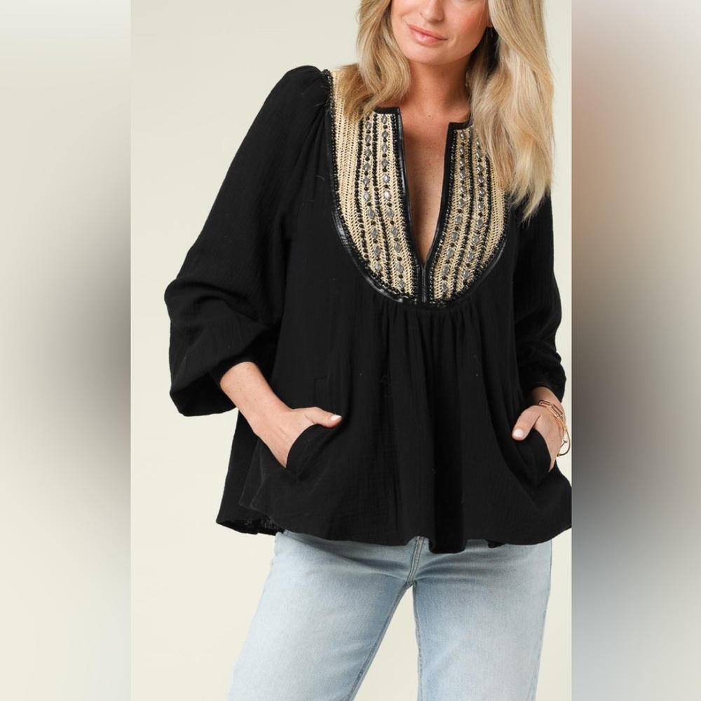 NWT [Mes Demoiselles] Black Nidia Embroidered Handmade Top Raffia Women’s Size 0